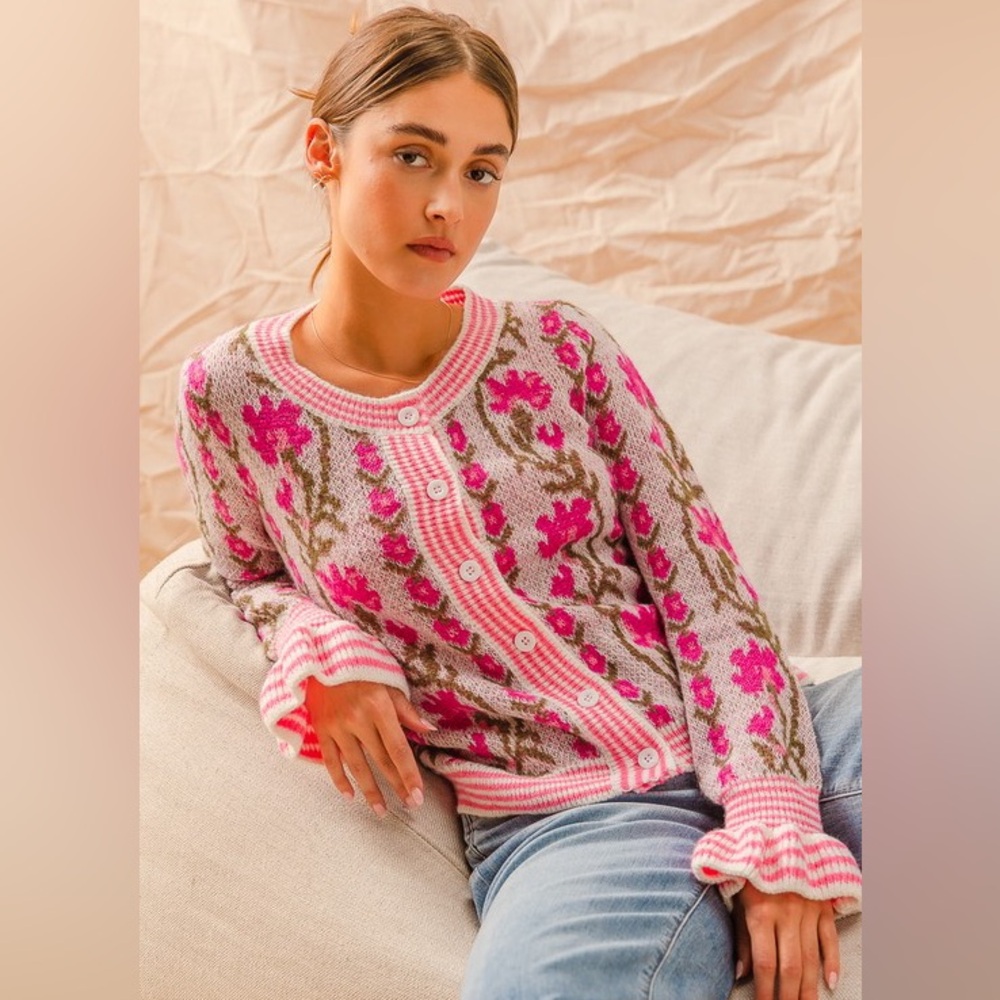 Pink Floral Intarsia Button Up Sweater Cardigan - Picture 2 of 16